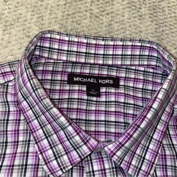 MICHAEL KORS SHORT SLEEVE PLAIDED BUTTON UP SHIRT MEN SIZE XL PURPLE BLACK GREY - Picture 6 of 9